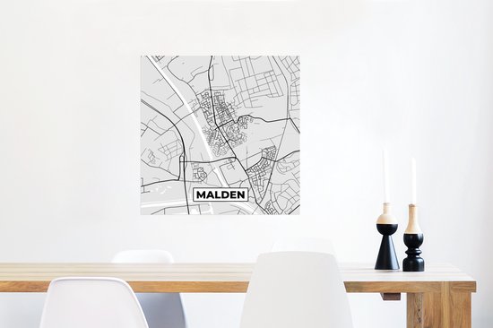 Affiche Malden - Carte - Plan de ville - Carte - Pays- Nederland - Zwart Wit - 50x50 cm