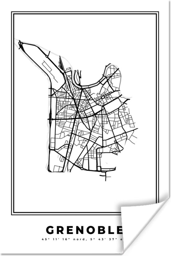 Poster Frankrijk – Stadskaart - Zwart Wit – Grenoble – Plattegrond – Kaart - 40x60 cm