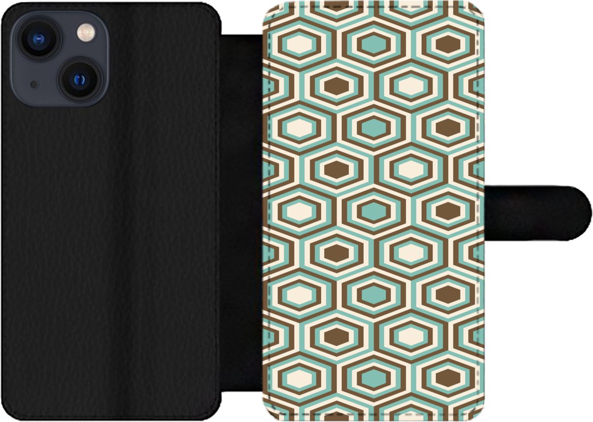 Telefoonhoesje Geschikt voor iPhone 13 Mini telefoonhoesje - Retro - Honeycomb - Blauw - Bruin - Met vakjes - Wallet case met magneetsluiting