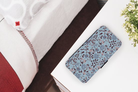 Bookcase iPhone XR telefoonhoesje - Patroon - Bloem - Grijs - Blauw - Met vakjes - Wallet case met magneetsluiting - SleevesAndCases