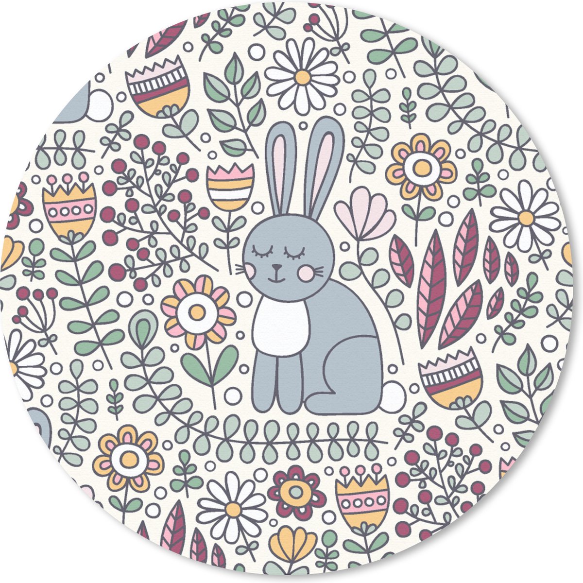 Muismat rond 20x20 cm - Mousepad Konijn - Bloemen - regenboog - Kinderen - Design - Ronde muismatten