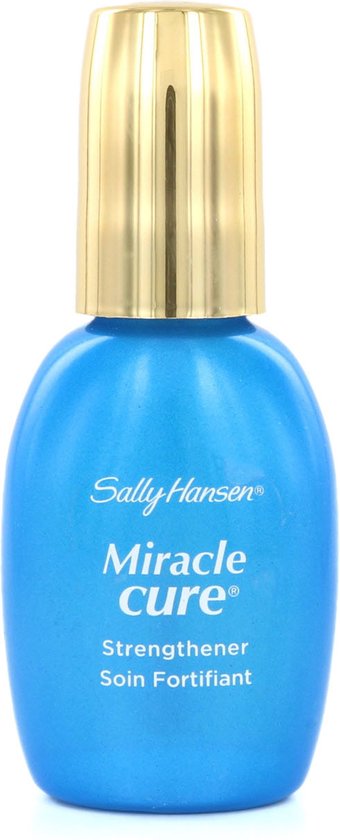 Blauw flesje Sally Hansen Miracle Cure Strengthener, Soin Fortifiant met gouden dop.