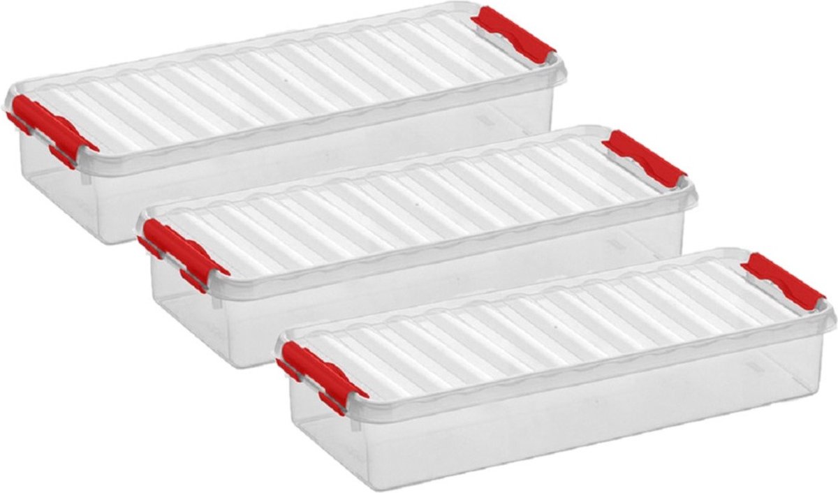 5x stuks opberg box/opbergdoos 2.5 liter 38.5 x 14 x 6.6 cm - Opslagbox - Opbergbak kunststof transparant/rood