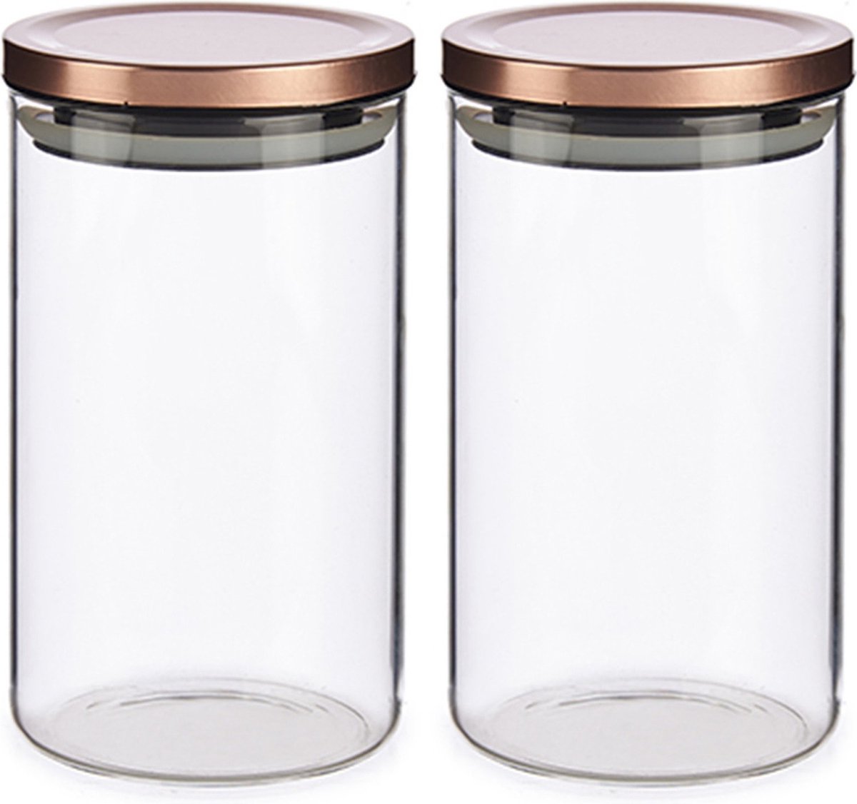 Set van 6x stuks glazen luxe keuken voorraadpot/voorraadbus 1000 ml- Voorraadbussen luchtdichte deksel rose goud - 10 x 18 cm