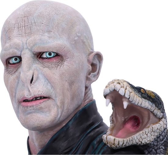Close-up van Lord Voldemort buste. De slang heeft opengesperde bek met scherpe tanden.