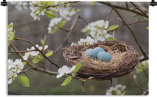 Wandkleed - Wanddoek - Robin's Nest Among the Spring Blossoms - 120x80 cm - Wandtapijt