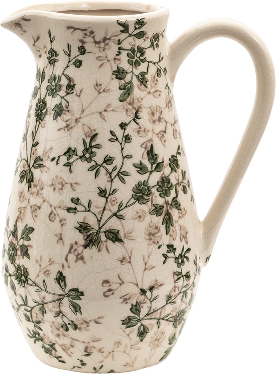 Clayre & Eef Decoratie Kan 20x14x25 cm Groen Beige Keramiek Bloemen