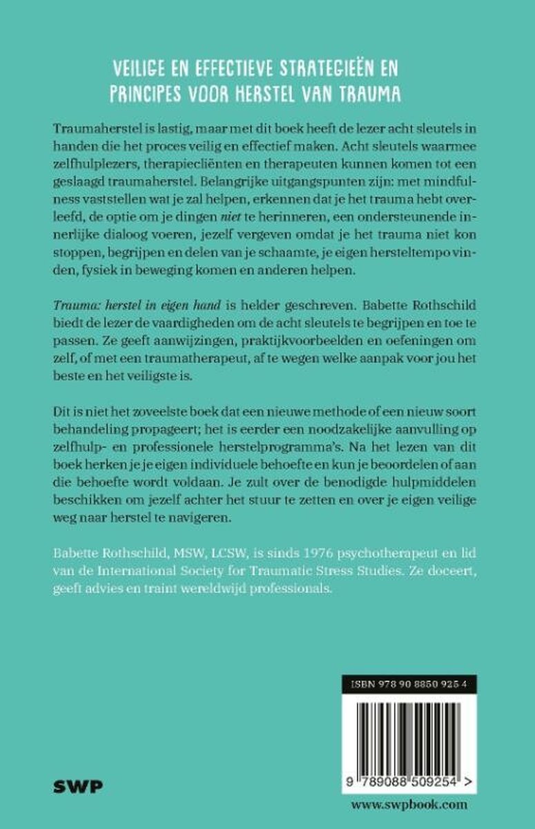 Achterkant van het boek 'Trauma: herstel in eigen hand' met ISBN en uitgever SWP.