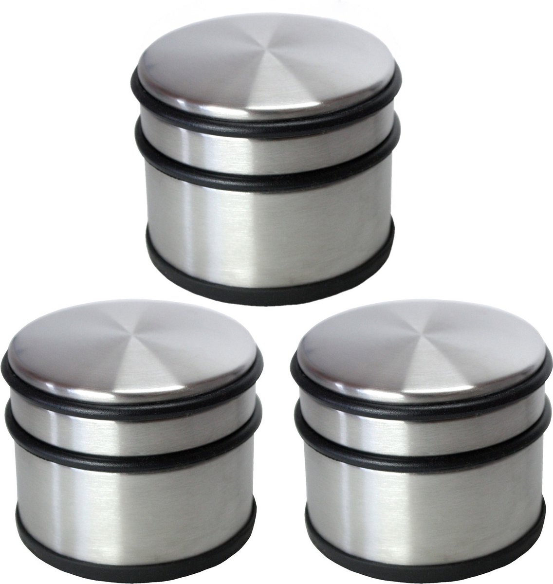 Set van 3x stuks deurstoppers rond zilver/mat zwart 10 x 8 cm - 1,1 kg - RVS - Roestvast staal