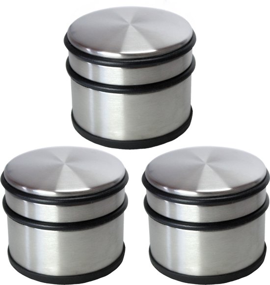 Set van 3x stuks deurstoppers rond zilver/mat zwart 10 x 8 cm - 1,1 kg - RVS - Roestvast staal