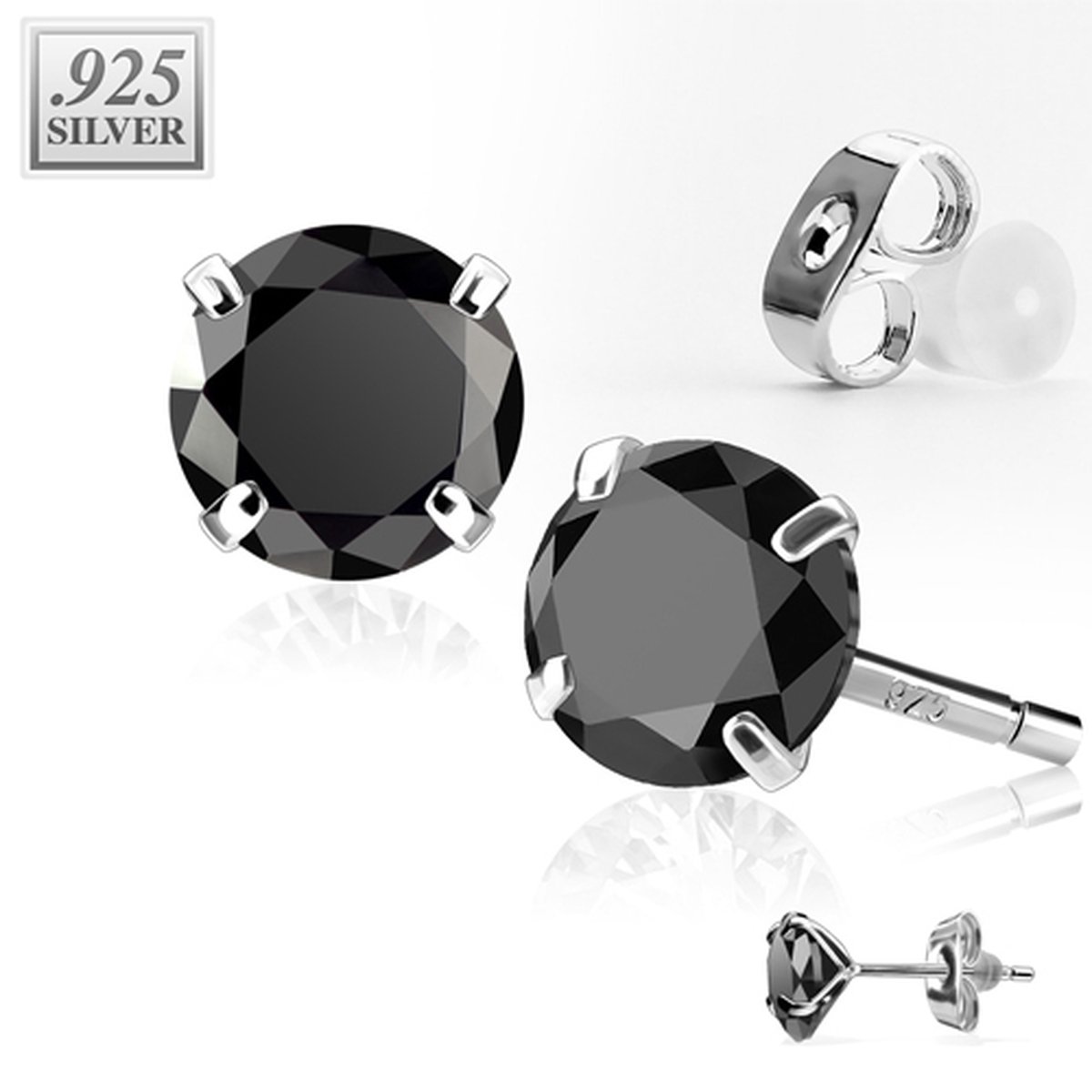 Oorbellen .925 Silver rond CZ steen 0.8x6x8 - zilver zwart - LMPiercings