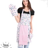 Tulipa Keukenschort en Ovenwanten Set | Met Roze Madeliefjes | Kookschort - 55 x 75cm | Handdoek - 30 x 50 | Keukenschort dames | Keukenschort voor vrouwen | Katoen