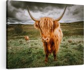 Artaza Canvas Schilderij Schotse Hooglanders in de Weide met Wolken - 120x80 - Groot - Foto Op Canvas - Wanddecoratie Woonkamer