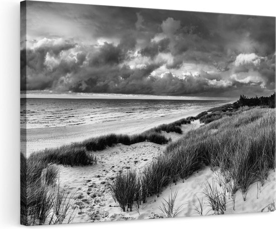 Artaza Canvas Schilderij Strand en Duinen met Bewolking - Zwart Wit - 120x80 - Groot - Foto Op Canvas - Wanddecoratie Woonkamer