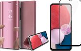 Samsung Galaxy A13 4G Hoesje - Book Case Spiegel Wallet Cover Hoes Roségoud - Full Tempered Glass Screenprotector