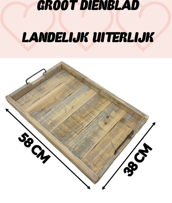 Rustiek, houten dienblad met metalen handvatten. Afmetingen 58x38 cm.