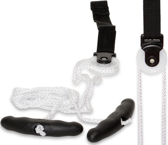 Wit touw met zwarte handvatten en een witte katrol met zwarte band.