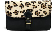 STUDIO Ivana - Zwarte lederen schoudertas cheetah zwart/bruin - maat L - Leren damestas crossbody met print - Leder schoudertas animalprint