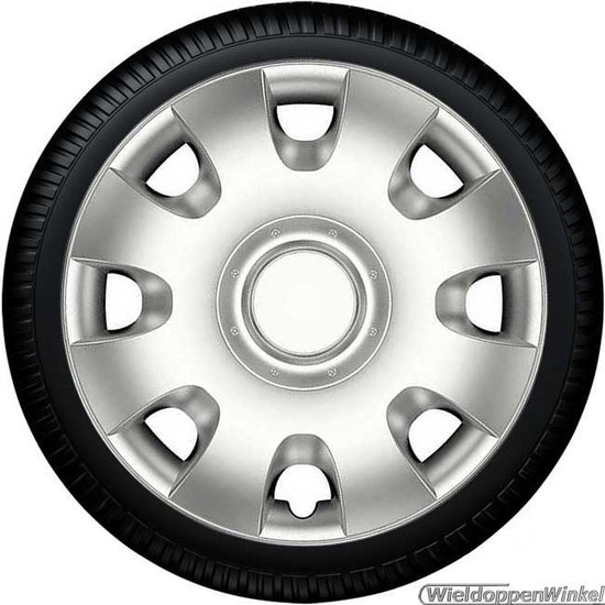 15-inch wieldop in zilver met 7 spaakgaten op een zwarte band.