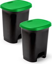 2x Stuks kunststof afvalemmers/vuilnisemmers/pedaalemmers in het zwart/groen van 27 liter met deksel en pedaal 38 x 32 x 45 cm