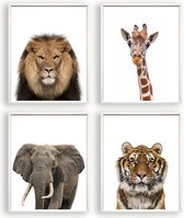 Set de peinture sur toile 4 Safari / Jungle Éléphant Lion Tigre Girafe - Enfants - Peinture Animaux - Chambre de bébé / Peinture Kinder - Cadeau de naissance - Décoration murale - 40x30cm - FramedCity