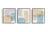 Poster Set 3 Abstracte lijnen kunst zon met mist en riet in ochtend / Abstract / 80x60cm