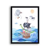 Poster Piraten beertje met vriendjes op de boot rechts - piraten thema / Dieren / 50x40cm