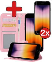 iPhone SE 2022 Hoesje Book Case Hoes Portemonnee Cover Met 2x Screenprotector - iPhone SE 2022 Case Hoesje Wallet Case - Licht Roze