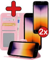 Hoesje Geschikt voor iPhone SE 2022 Hoesje Book Case Hoes Portemonnee Cover Walletcase Met 2x Screenprotector - Hoes Geschikt voor iPhone SE (2022) Hoes Bookcase Hoesje - Lichtroze