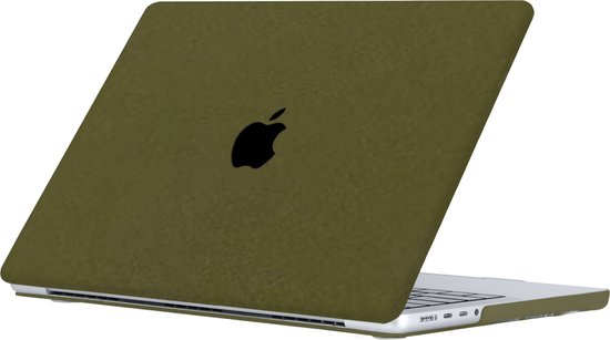 Olijfgroene MacBook Pro 14 inch hoes met zwart Apple logo, van voren gezien.
