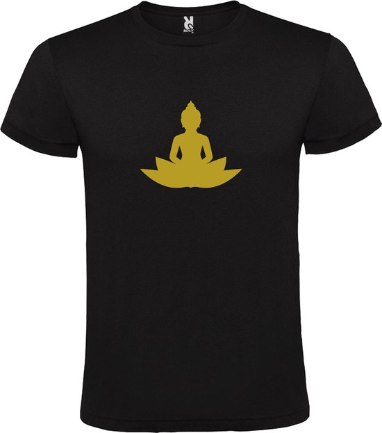 Zwart T shirt met print van " Boeddha  op lotusbloem " print Goud size S