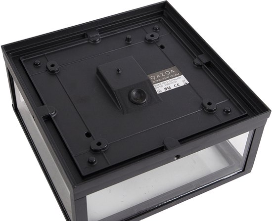 Onderkant van de zwarte vierkante buitenlamp met merk- en typeaanduiding.