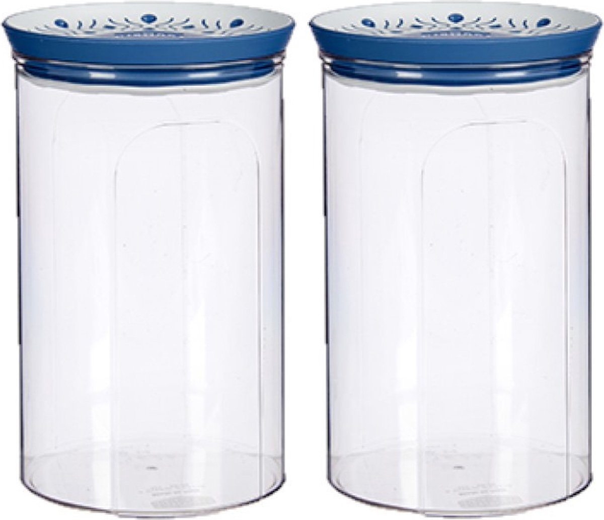 2x stuks voorraadpot/bewaarpot transparant/blauw met deksel L12xB12xH18 cm - 1200 ml - Kunststof voorraadpotten