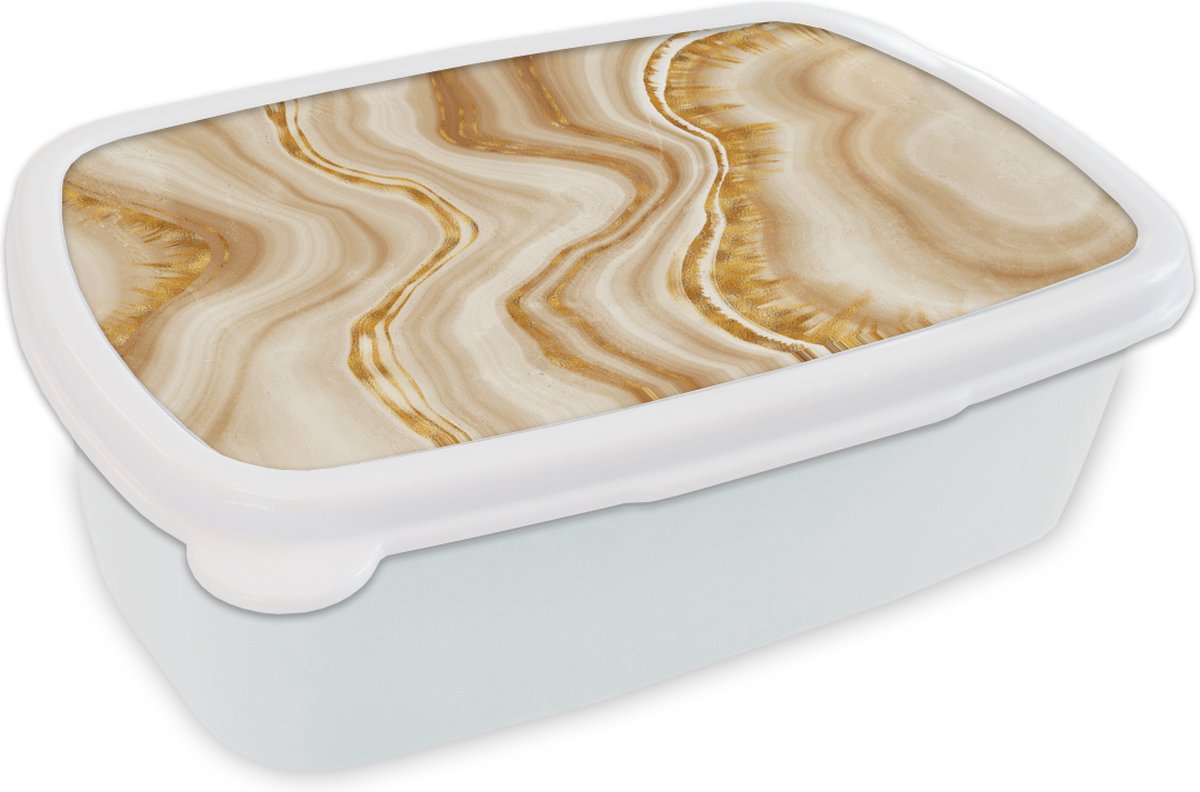 Broodtrommel Wit - Lunchbox - Brooddoos - Marmer - Goud - Patroon - 18x12x6 cm - Volwassenen