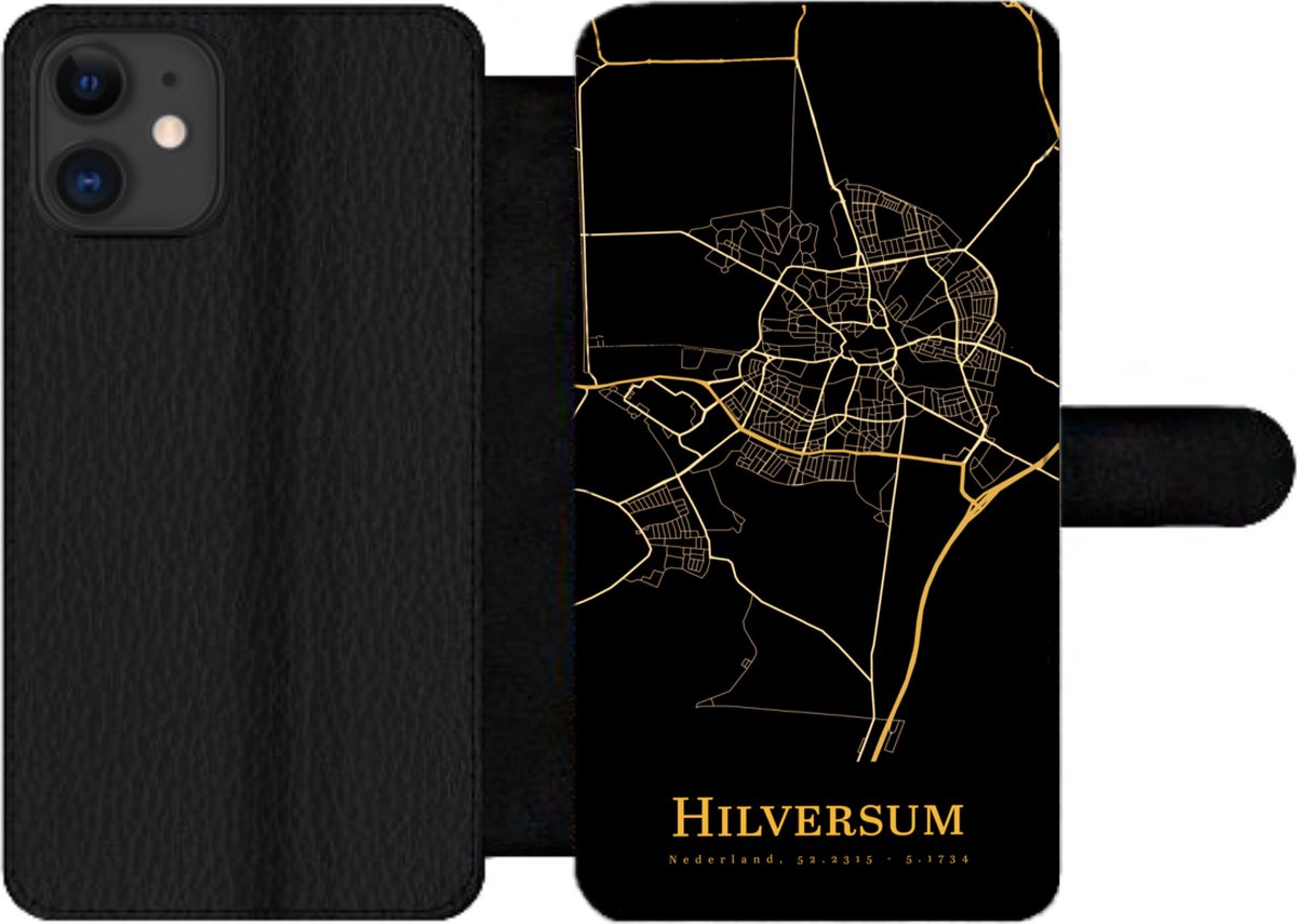 Telefoonhoesje Geschikt voor iPhone 12 Pro Max telefoonhoesje - Hilversum - Kaart - Goud - Zwart - Met vakjes - Wallet case met magneetsluiting