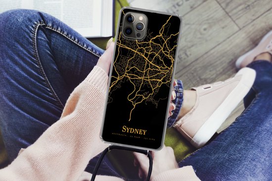 Telefoonkoord - Telefoonketting - Telefoonhoesje Geschikt voor iPhone 13 Pro - Sydney - Kaart - Goud - Siliconen - Crossbody - Telefoonhoesje met koord Telefoonhoesje