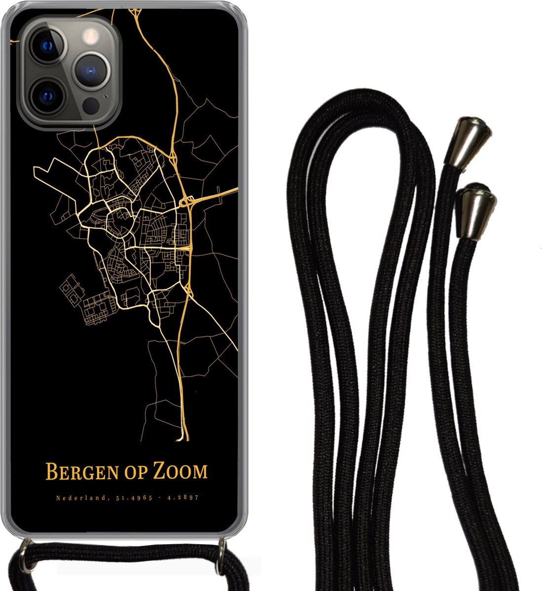 Telefoonkoord - Telefoonketting - Telefoonhoesje Geschikt voor iPhone 13 Pro Max - Bergen op Zoom - Kaart - Gold - Siliconen - Crossbody - Telefoonhoesje met koord Telefoonhoesje