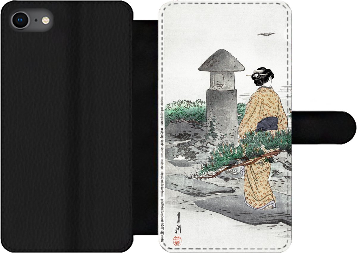 Telefoonhoesje Geschikt voor iPhone SE 2020 telefoonhoesje - Vintage - Vrouw - Japan - Kimono - Scandinavisch - Met vakjes - Wallet case met magneetsluiting