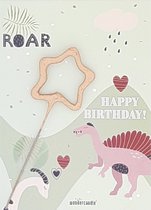 Mini verjaardagskaart - sterretje - Happy Birthday - jarig - Dino - gefeliciteerd - verjaardags kaarsje - wenskaart met sparkle