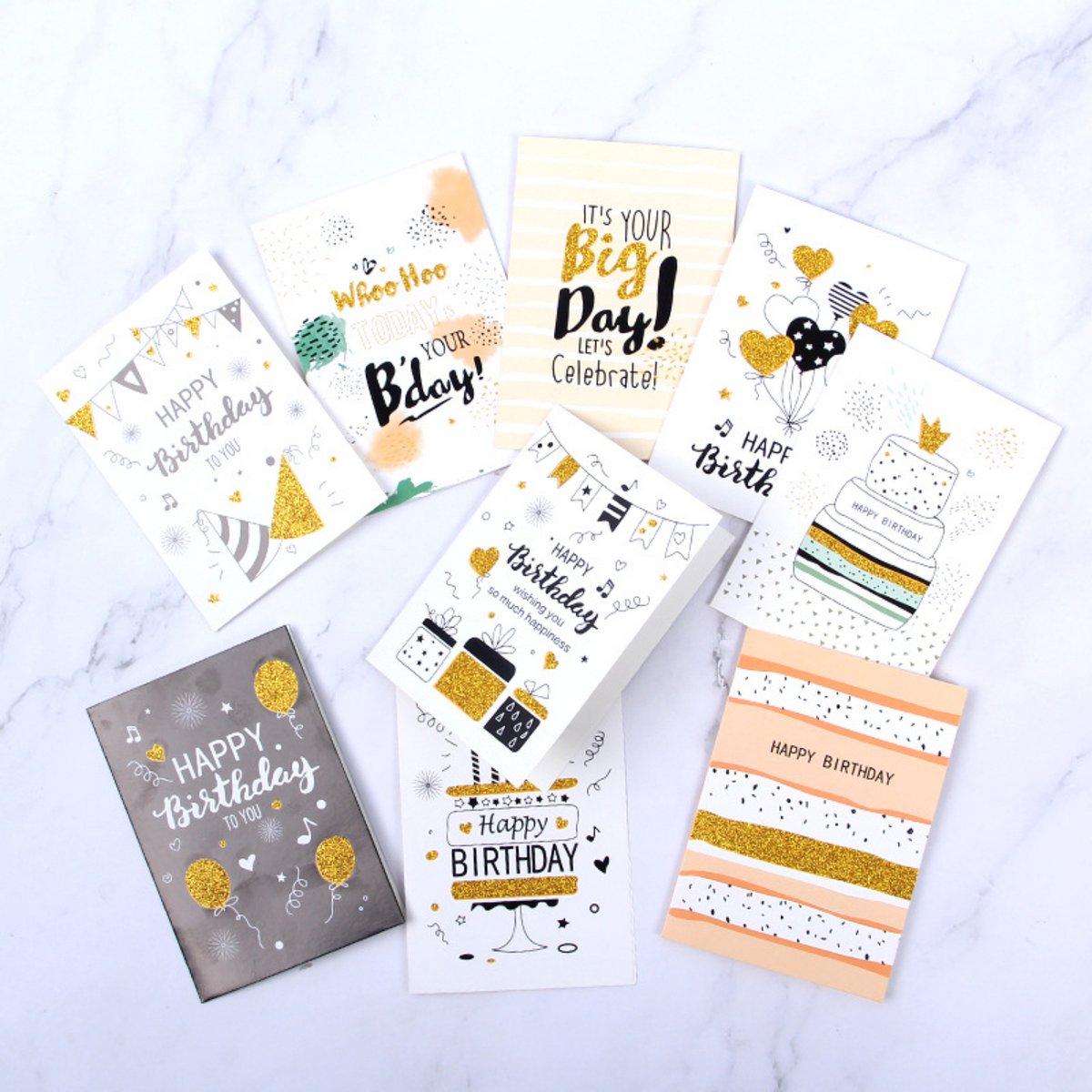 9 Happy birthday kaarten - 12x9 cm - Verjaardagskaarten met envelop - Wenskaarten verjaardag - Verjaardagskaarten set -Verjaardagskaart - Verjaardagskaarten volwassenen