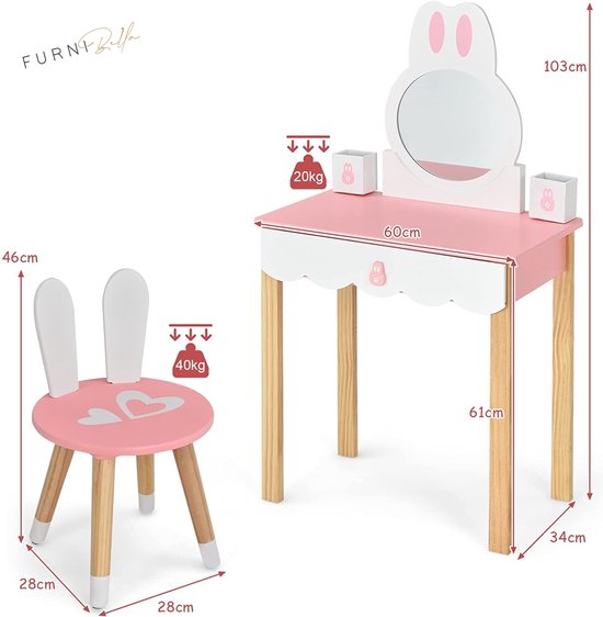 Coiffeuse Enfant avec Chaise et Miroir en Forme Lapin Table de