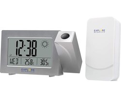 Explore Scientific RDW3008 | Radio gestuurde digitale projectiewekker | Groot Display | Weersvoorspelling | Dag aanduiding | Binnen – en buitenthermometer | Zilver