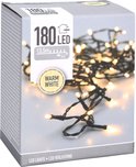 Doos met 180 warm witte LEDlampjes op een 13,5 meter lange, donkergroene kabel.