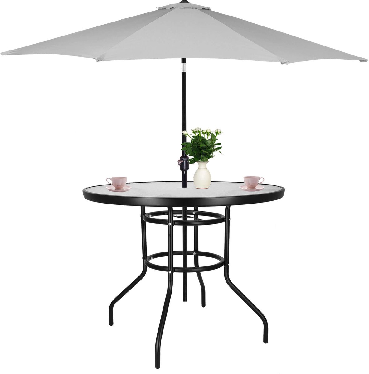 Springos Tuintafel | Buitentafel | Bijzettafel Buiten | Metaal | Gehard Glas | Rond | 90 x 72 cm | Zwart thumbnail 2