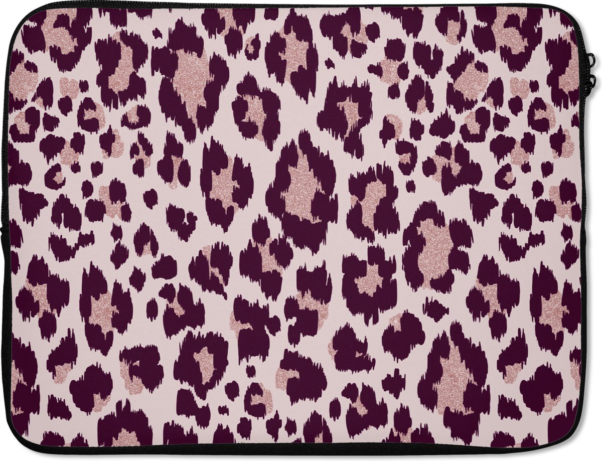 Laptophoes 17 inch - Patronen - Panter - Roze - Laptop sleeve - Binnenmaat 41x28 cm - Zwarte achterkant - Schoolspullen tieners