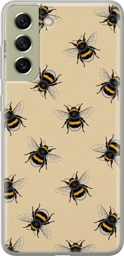 Coque de téléphone jaune clair avec un motif de plusieurs abeilles réalistes, conçue pour le Samsung Galaxy S21 FE.