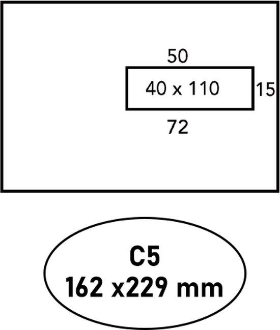 Diagram met C5 envelop afmetingen 162x229 mm en venster 40x110 mm.