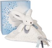 Doudou et Compagnie - Doudou Konijn - 25 cm - Wit/Blauw - Wit Pompon Konijn - Cadeau Idee - Happy Glossy - Happy Doudou To You