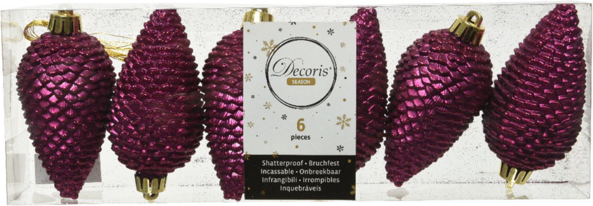 Decoris Kersthangers dennenappels - 6x st - magnolia roze - glitter - 8 cm - kunststof - kerstversiering Donkerroze