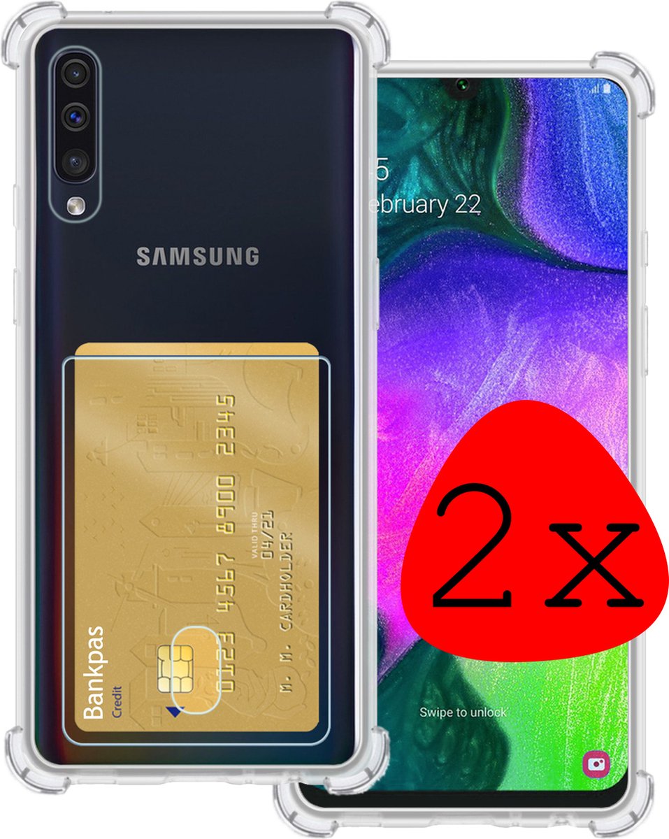 Hoesje 2 Stuks - Geschikt voor Samsung Galaxy A50 / A50s - Met Pashouder en Kaarthouder - Telefoon Hoes Shockproof - Siliconen Case - Back Cover - Shock Proof - Pasjes Houder - Transparant